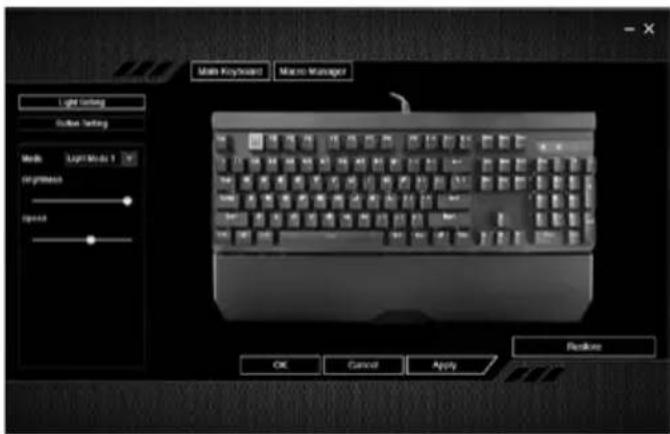 Light Ordering Solution Setting Media Light Mode 1 on-protease Circuit Main Keyboard Macro Manager OK Cancel Apply Restore