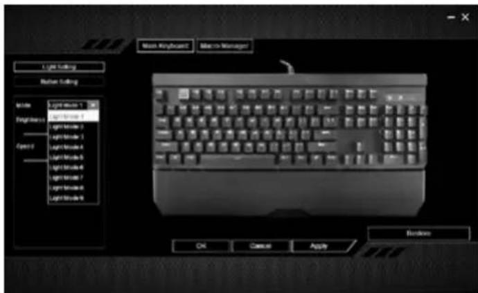 Light Setting Button Setting Mode Light mode 1 English Light mode 2 Light mode 3 Light mode 4 Light mode 5 Light mode 6 Light mode 7 Light mode 8 Light mode 9 Mask Keyboard Mac or Manager OK Cancel Apply Bundles