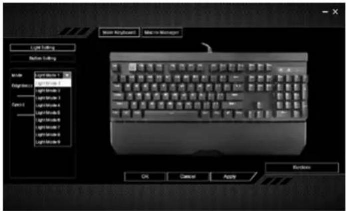 Light Setting Button Setting Mode Light Mode 1 Progression Light Mode 2 Light Mode 3 Light Mode 4 Light Mode 5 Light Mode 6 Light Mode 7 Light Mode 8 Light Mode 9 More Advanced Make to Manager OK Cancel Apply Windows