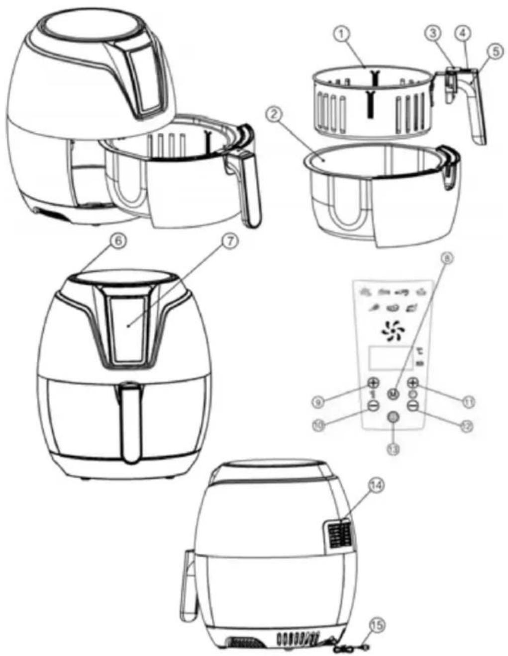 Exploded diagram of air fryer products with numbered labels for each component