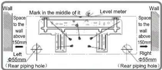 Wall Space to the wall above 150mm Left Φ55mm (Rear piping hole) Mark in the middle of it Level meter Wall Space to the wall above 150mm Right Φ55mm (Rear piping hole)