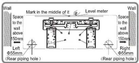 Wall Space to the wall above 150mm Left Φ55mm (Rear piping hole) Mark in the middle of it Level meter Wall Space to the wall above 150mm Right Φ55mm (Rear piping hole)