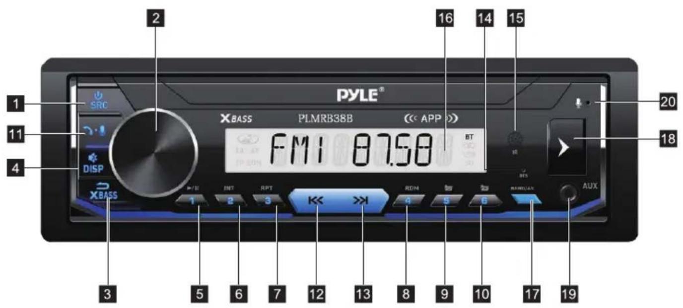 PYLE® 1 SRC 2 16 14 15 11 DSP X BASS PLMRB38B (<< APP >) FMI 07.58 BT 18 10 BES AUX 3 5 6 7 12 13 8 9 10 17 19