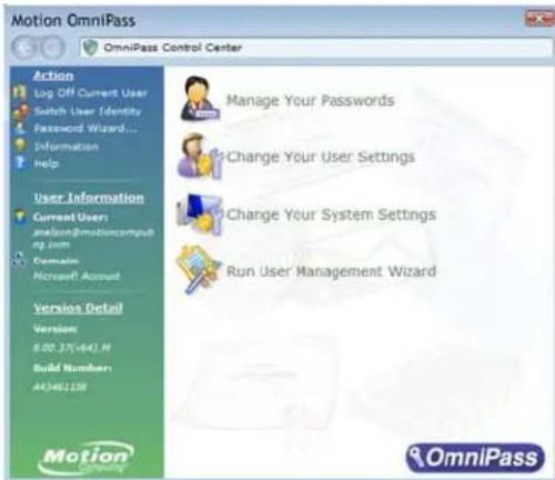 Motion OmniPass Action Log Off Current User Switch User Identity Password Wizard... Information Help User Information Current Users: analysis@motioncomput ng.com Domain: Microsoft Account Version Detail Version 6:00.37(+64).H Build Number: A43461138 Motion OmniPass Control Center Manage Your Passwords Change Your User Settings Change Your System Settings Run User Management Wizard