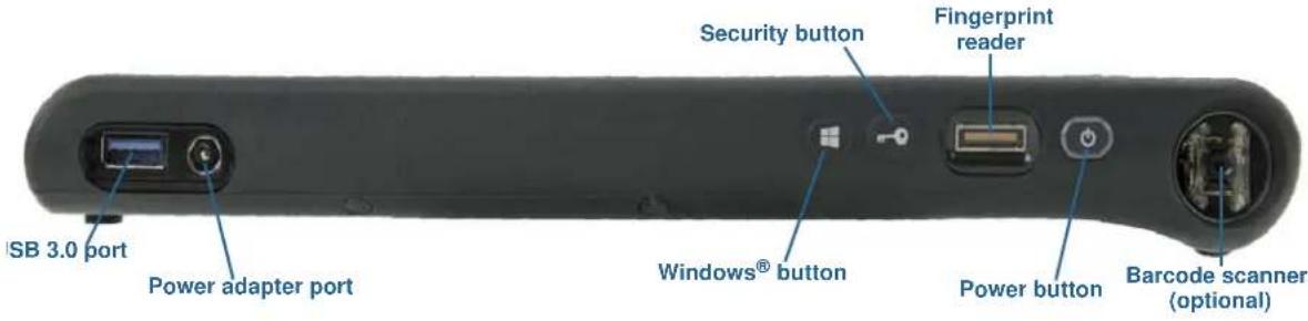 USB 3.0 port Power adapter port Security button Fingerprint reader Windows® button Power button Barcode scanner (optional)