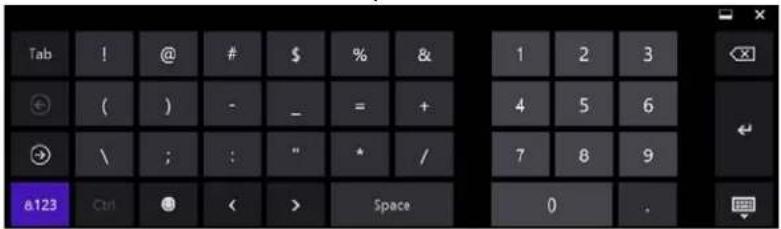 Tab ! @ # $ % & 1 2 3 ( ) - _ = + 4 5 6 \ ; : " * / 7 8 9 a123 Ctrl < > Space 0 .