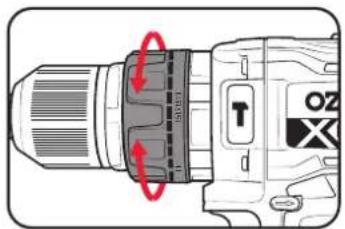 Diagram of a drill bit with red circular arrows indicating rotational direction and a 'OZ' mark on the drill bit.