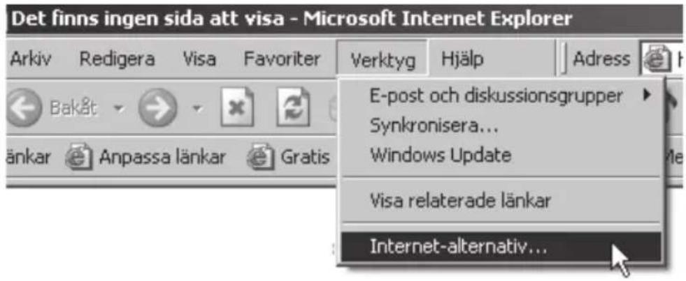 Det finns ingen sida att visa - Microsoft Internet Explorer Arkiv Redigera Visa Favoriter Verktyg Hjälp Adress Bakåt Anpassa länkar Gratis E-post och diskussionsgrupper Synkronisera... Windows Update Visa relaterade länkar Internet-alternativ...