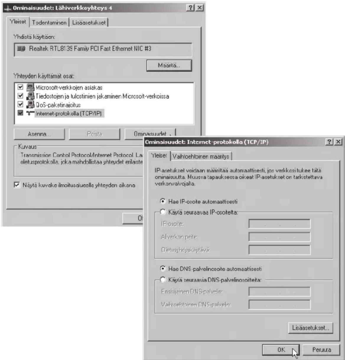 Ominaisuudet: Lähiverkkoyhteys 4 Yleiset | Todentaminen | Lisäasetukset | Yhdistä käyttöen: Realtek RTL8139 Family PCI Fast Ethernet NIC #3 Maäntä... Yhteyden käyttämät osa: Microsoft-verkkojen asiakas Tiedostojen ja tulostimien jakaminen Microsoft-verkoissa QoS-paketinajcitus Internet-protokolla (TCP/IP) Asenna... | Poista | Ominaisuudet . Kuvaus Transmission Control Protocol/Internet Protocol. La oletusprotokolla. joka mahdollistaa yhteydet erilaste Näytä kuvoke ilmoitusduucella yhteyden aikana Ominaisuudet: Internet-protokolla (TCP/IP) Yleiset | Vaihloehtoinen määntys IP-asetukset voidaan määritää automaattisesti, jos verkkositukee tätä ominaisuutta. Muussa tapauksessa oikeat IP-asetukset on tarkistettava verkonvalvojalla. Hae IP-osote automaattisesti Käytä seuraavaa IP-osotelta: IP-osote: Älverkon peite: Oletusyhdyskäytävä: Hae DNS-palvelinosote automaattisesti Käytä seuraavia DNS-palvelinosoitteta: Ensitijainen DNS-palvelin: Vaihloehtoinen DNS-palvelin: Lisäasetukset... OK | Peruura