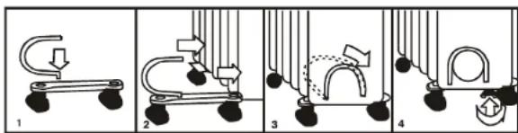 Diagram illustrating four sequential steps of a mechanical or electrical device with labeled components and directional arrows.