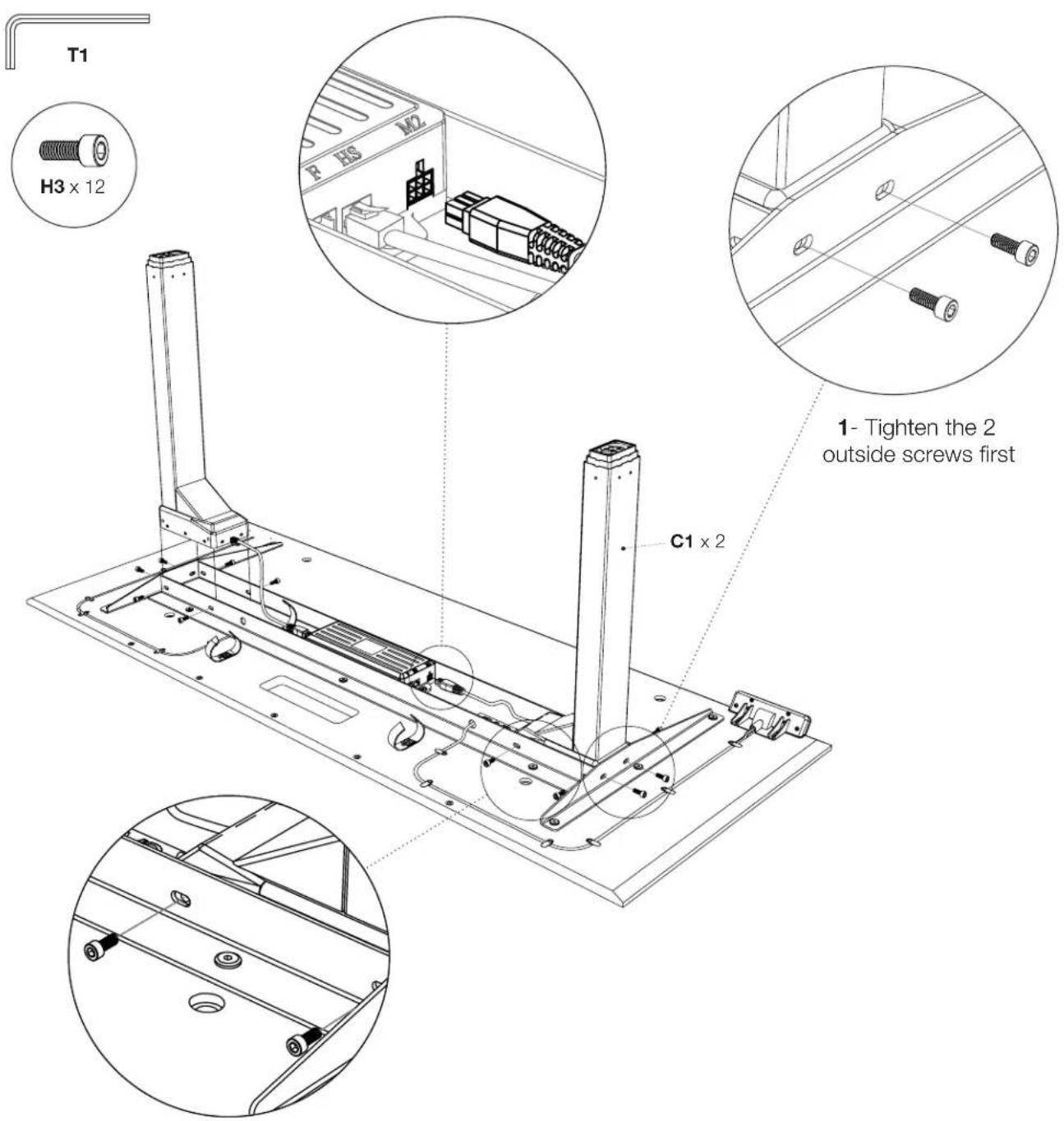 T1 H3 x 12 P HS M2 C1 x 2 1- Tighten the 2 outside screws first