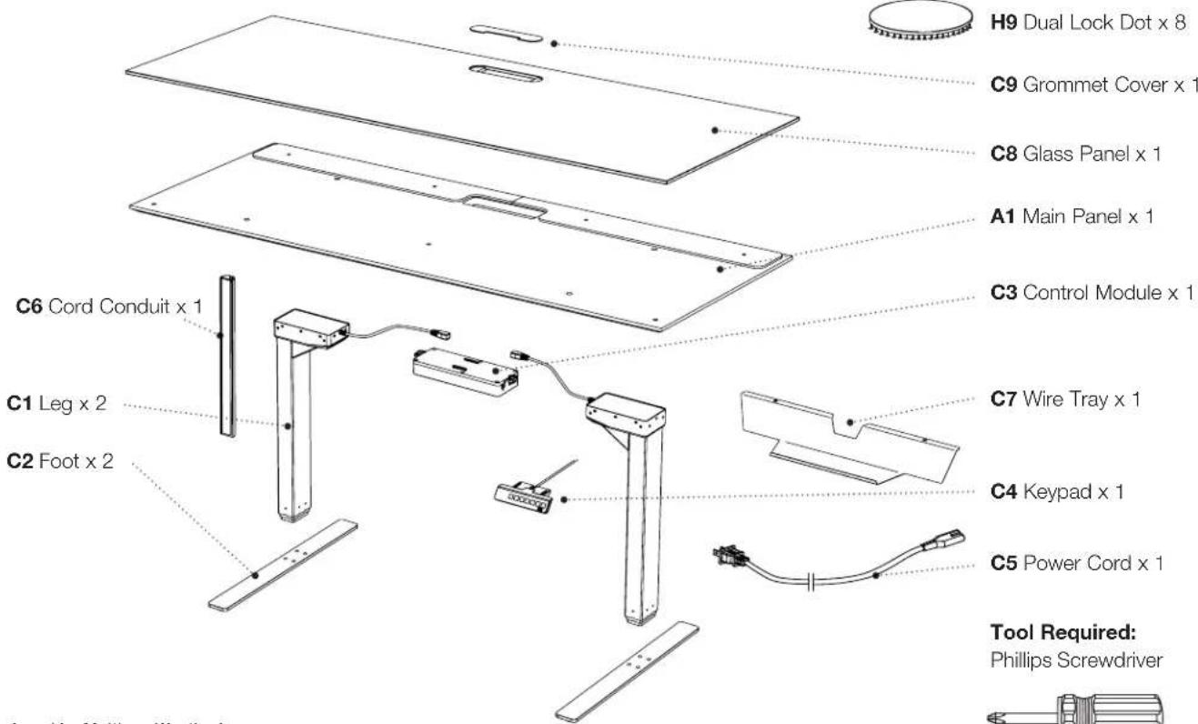 H9 Dual Lock Dot x 8 C9 Grommet Cover x 1 C8 Glass Panel x 1 A1 Main Panel x 1 C3 Control Module x 1 C6 Cord Conduit x 1 C7 Wire Tray x 1 C1 Leg x 2 C4 Keypad x 1 C2 Foot x 2 C5 Power Cord x 1 Tool Required: Phillips Screwdriver signed by Matthew Werthorsky
