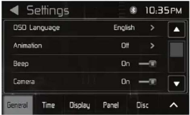 Settings 10:35PM OSD Language English > Animation Off > Beep On Camera On General Time Display Panel Disc