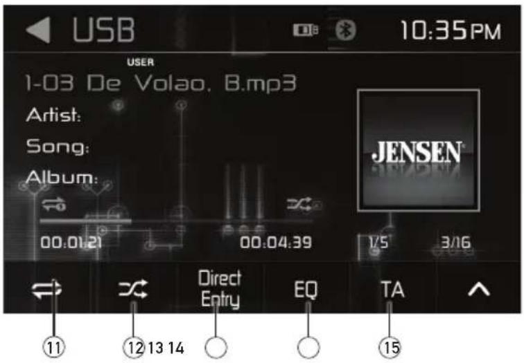 USB 10:35PM USER 1-03 De Volao, B.mp3 Artist: Song: Album: JENSEN® 00.01.21 00.04.39 1/5 3/16 Direct Entry EQ TA ⑪ ⑫ ⑬ ⑭ ⑮ ⑯ ⑰