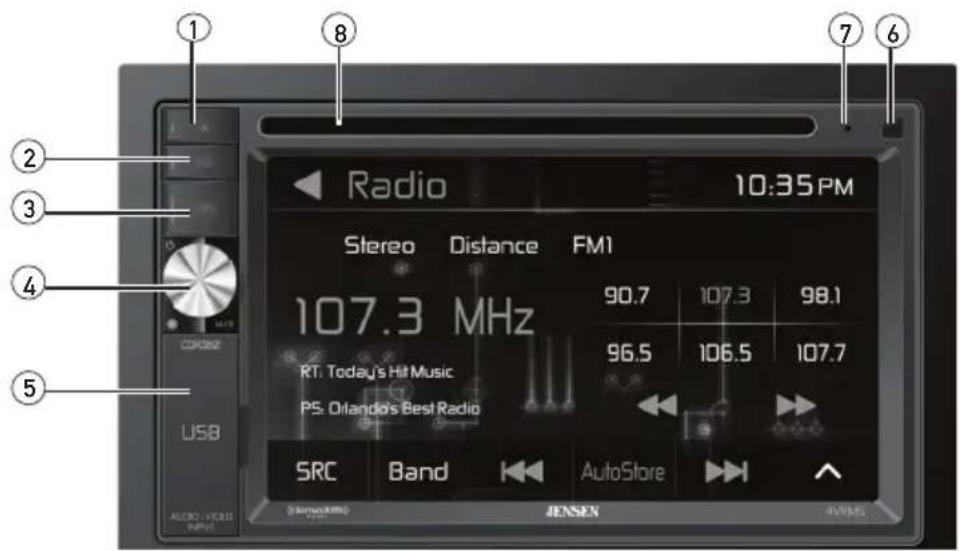 Radio 10:35 PM Stereo Distance FM1 107.3 MHz 90.7 107.3 98.1 96.5 106.5 107.7 RT: Today's Hit Music PS: Orlando's Best Radio SRC Band AutoStore AUDIO VIDEO JENSEN