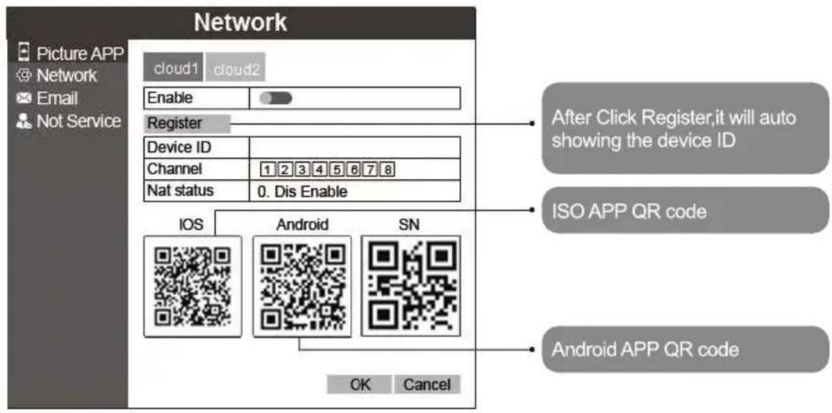 Network Picture APP Network Email Not Service cloud1 cloud2 Enable Register Device ID Channel 1 2 3 4 5 6 7 8 Nat status 0. Dis Enable IOS Android SN OK Cancel After Click Register, it will auto showing the device ID ISO APP QR code Android APP QR code