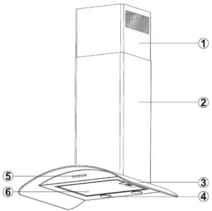 Technical diagram of a kitchen chimney with numbered parts labeled 1 through 6