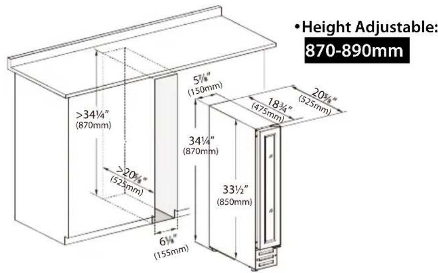 •Height Adjustable: 870-890mm >34¼" (870mm) 5½" (150mm) 20½" (525mm) >20½" (525mm) 34¼" (870mm) 18¾" (475mm) 33½" (850mm) 6½" (155mm)