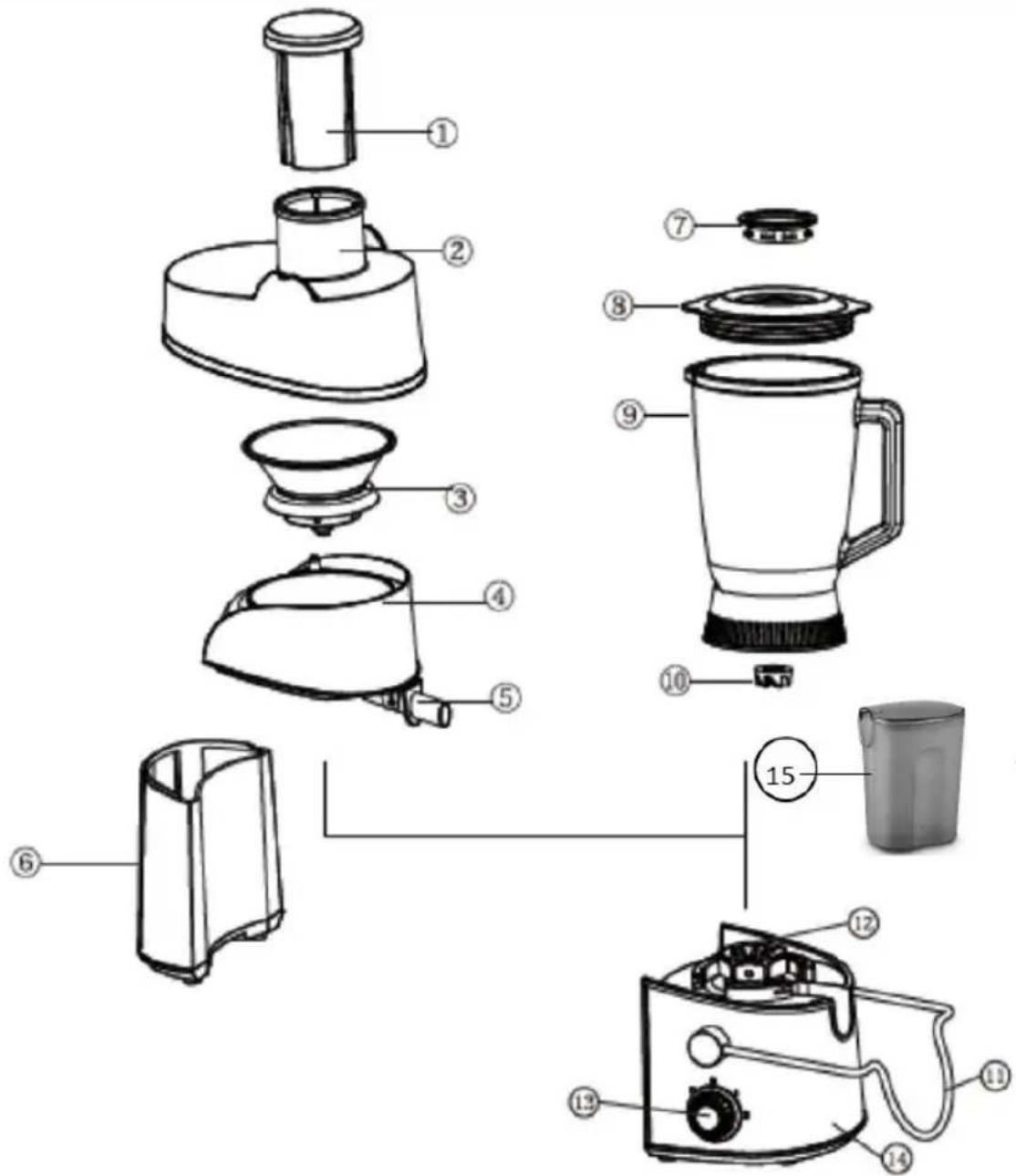 Exploded diagram of a kitchen appliance with numbered parts for identification