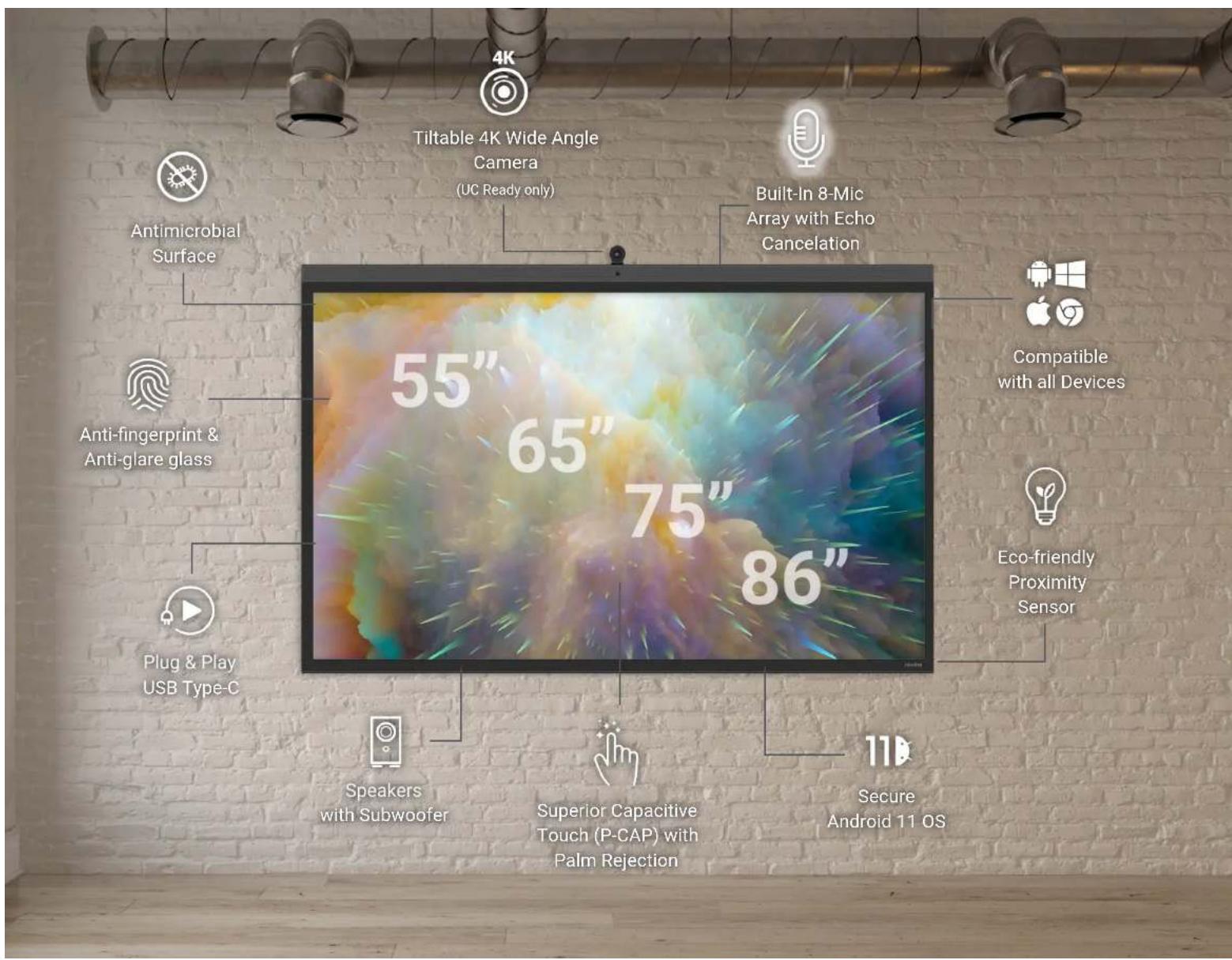 4K Tiltable 4K Wide Angle Camera (UC Ready only) Built-In 8-Mic Array with Echo Cancellation Antimicrobial Surface 55" 65" 75" 86" Anti-fingerprint & Anti-glare glass Plug & Play USB Type-C Speakers with Subwoofer Superior Capacitive Touch (P-CAP) with Palm Rejection 11 Secure Android 11 OS Compatible with all Devices Eco-friendly Proximity Sensor