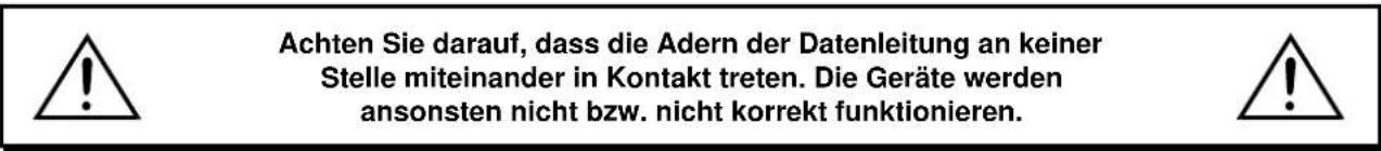 Achten Sie darauf, dass die Adern der Datenleitung an keiner Stelle miteinander in Kontakt treten. Die Geräte werden ansonsten nicht bzw. nicht korrekt funktionieren.