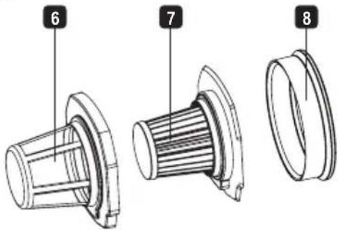 Technical diagram showing three views of a mechanical component with numbered labels 6, 7, and 8.