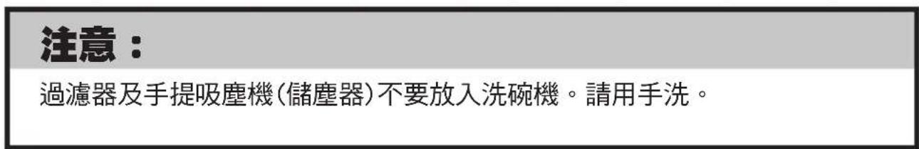 注意: 過濾器及手提吸塵機(儲塵器)不要放入洗碗機。請用手洗。
