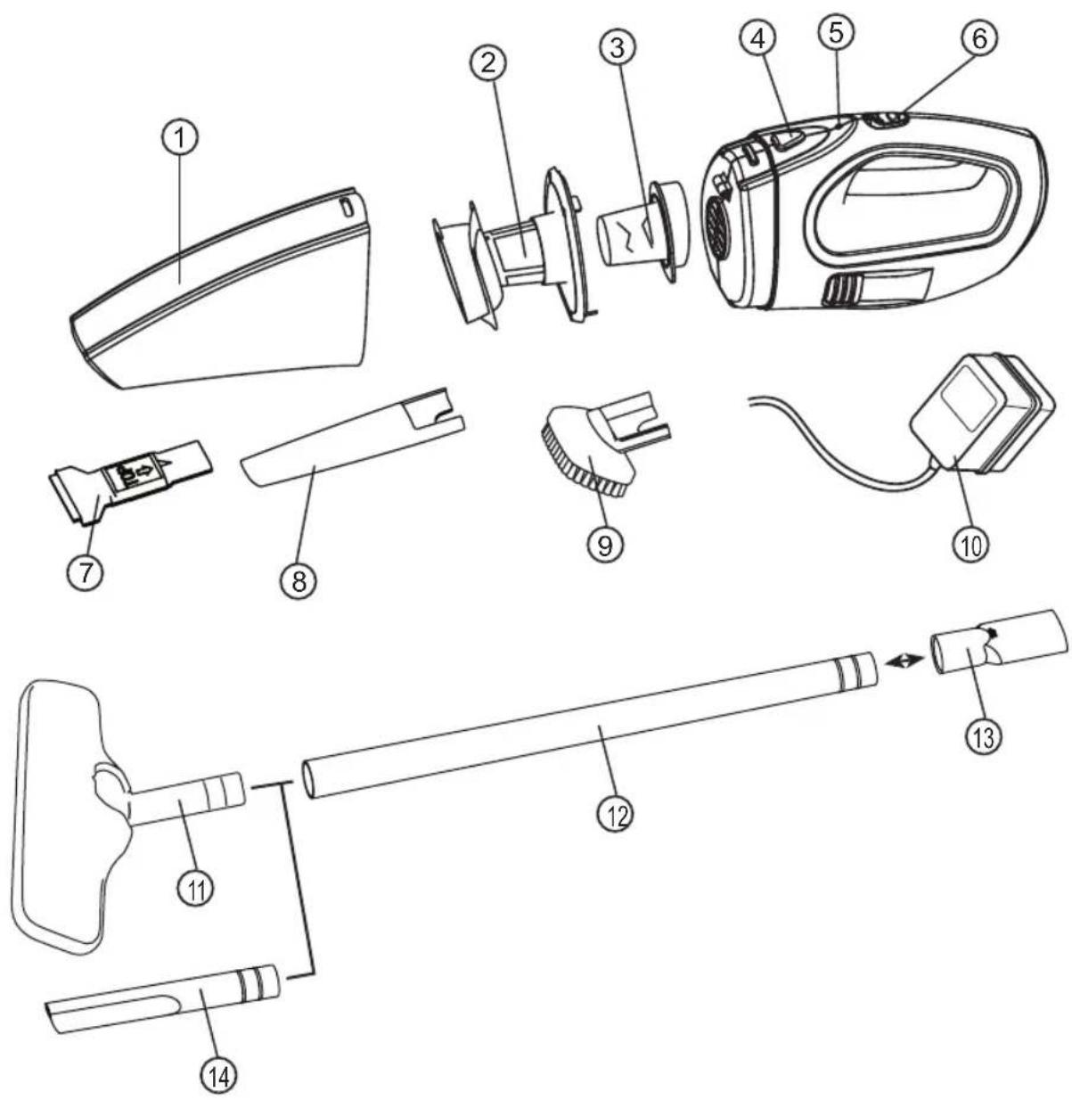 Exploded diagram of a hair dryer with numbered parts for identification and assembly reference.