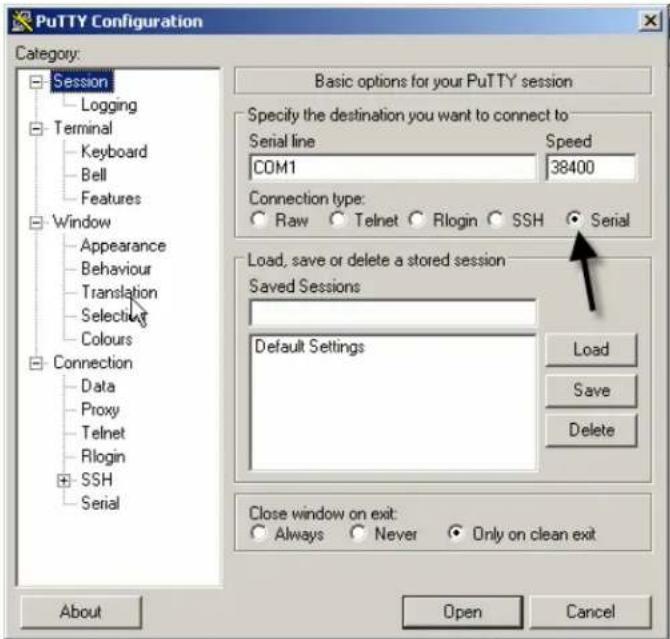 PuTTY Configuration Category: Session Logging Terminal Keyboard Bell Features Window Appearance Behaviour Translation Selecting Colours Connection Data Proxy Telnet Rlogin SSH Serial Basic options for your PuTTY session Specify the destination you want to connect to Serial line Speed COM1 38400 Connection type: Raw Telnet Rlogin SSH Serial Load, save or delete a stored session Saved Sessions Default Settings Load Save Delete Close window on exit: Always Never Only on clean exit About Open Cancel