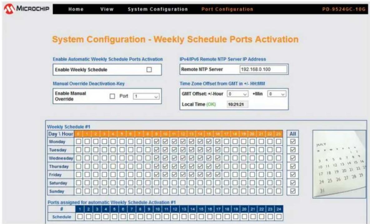 MICROCHIP Home View System Configuration Port Configuration PD-9524GC-10G System Configuration - Weekly Schedule Ports Activation Enable Automatic Weekly Schedule Ports Activation Enable Weekly Schedule IPv4/IPv6 Remote NTP Server IP Address Remote NTP Server 192.168.0.100 Manual Override Deactivation-Key Enable Manual Override Port 1 Time Zone Offset from GMT in +/- HH:MM GMT Offset: +/-Hour 0 Min 0 Local Time (OK) 10:21:21 Weekly Schedule #1 Day \ Hour 0 1 2 3 4 5 6 7 8 9 10 11 12 13 14 15 16 17 18 19 20 21 22 23 All Monday □ □ □ □ □ □ □ □ □ ✓ ✓ ✓ ✓ ✓ ✓ ✓ ✓ ✓ ✓ □ □ □ □ □ □ ✓ Tuesday □ □ □ □ □ □ □ □ □ ✓ ✓ ✓ ✓ ✓ ✓ ✓ ✓ □ □ □ □ □ □ ✓ Wednesday □ □ □ □ □ □ □ □ □ ✓ ✓ ✓ ✓ ✓ ✓ ✓ ✓ □ □ □ □ □ □ ✓ Thursday □ □ □ □ □ □ □ □ □ ✓ ✓ ✓ ✓ ✓ ✓ ✓ ✓ □ □ □ □ □ □ ✓ Friday □ □ □ □ □ □ □ □ ☑ ✓ ✓ ✓ ✓ ✓ ✓ ✓ □ □ □ □ □ □ ✓ Saturday □ □ □ □ □ □ □ □ □ ☐□□□□□□□□✓ Sunday □ □ □ □ □ □ □□□□□□□□✓ Ports assigned for automatic Weekly Schedule Activation #1 1 2 3 4 5 6 7 8 9 10 11 12 13 14 15 16 17 18 19 20 21 22 23 24 Schedule □ □ □ □ □ □ □□□□□□□□□✓