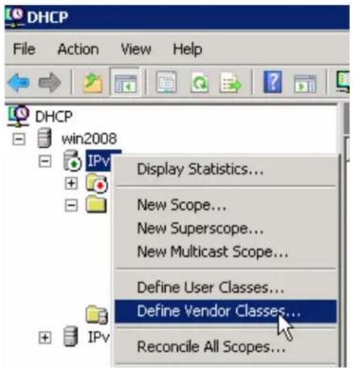 DHCP File Action View Help DHCP win2008 IPv Display Statistics... New Scope... New Superscope... New Multicast Scope... Define User Classes... Define Vendor Classes... Reconcile All Scopes...