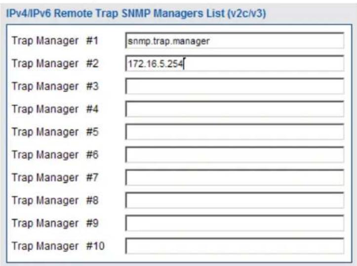 IPv4/IPv6 Remote Trap SNMP Managers List (v2c/v3) Trap Manager #1 snmp.trap.manager Trap Manager #2 172.16.5.254 Trap Manager #3 Trap Manager #4 Trap Manager #5 Trap Manager #6 Trap Manager #7 Trap Manager #8 Trap Manager #9 Trap Manager #10