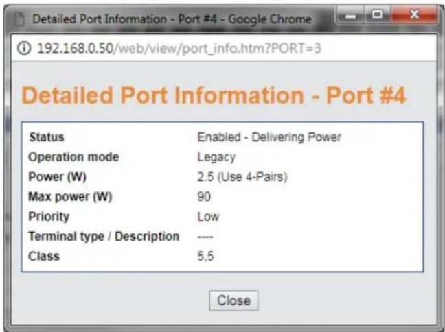Detailed Port Information - Port #4 - Google Chrome 192.168.0.50/web/view/port_info.htm?PORT=3 Detailed Port Information - Port #4 Status Enabled - Delivering Power Operation mode Legacy Power (W) 2.5 (Use 4-Pairs) Max power (W) 90 Priority.Low Terminal type / Description ---- Class 5,5 Close