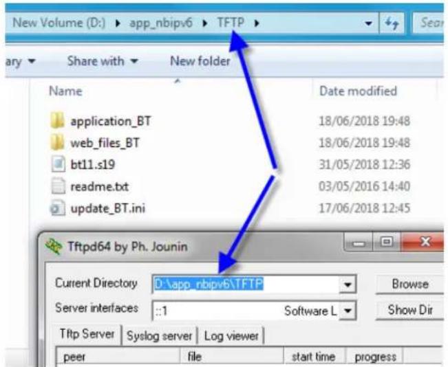 New Volume (D:) ▶ app_nbipv6 ▶ TFTP ▶ Share with ▶ New folder Name Date modified application_BT 18/06/2018 19:48 web_files_BT 18/06/2018 19:48 bt11.s19 31/05/2018 12:36 readme.txt 03/05/2016 14:40 update_BT.ini 17/06/2018 12:45 Tftpd64 by Ph. Jounin Current Directory D:\app_nbipv6\TFTP Browse Server interfaces ::1 Software L Show Dir Tftp Server Syslog server Log viewer peer file start time progress