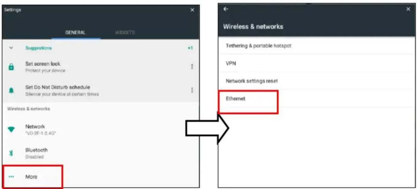Settings GENERAL Suggestions Set screen lock Protect your device Set Do Not Disturb schedule Silence your device at certain times Wireless & networks Network *VD-2F-1-2.4G* Bluetooth Disabled More Wireless & networks Tethering & portable hotspot VPN Network settings reset Ethernet