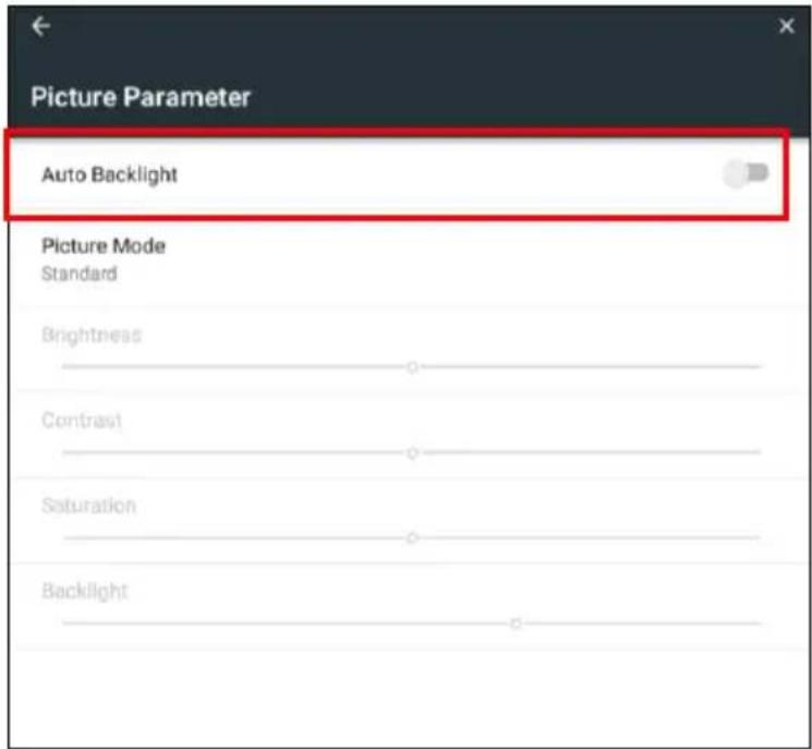 Picture Parameter Auto Backlight Picture Mode Standard Brightness Contrast Saturation Backlight