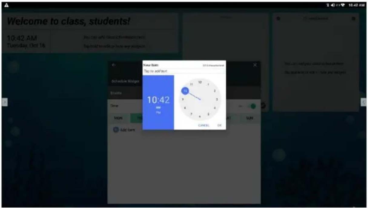 Welcome to class, students! 10:42 AM Tuesday, Oct 16 You can use your class to add text. Keep bold to add text or have any options. New Item CNS Embraceable Tap to add text 10:42 AM PM Time MON ADD IEN CANCEL OK SUN 15 8 7 6 5 4 3 2 12 11 10 9 8 7 6 5 4 3 2 1 0 At Cancel