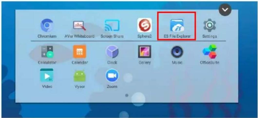 Chromium AVer Whiteboard Screen Share Sphere2 ES File Explorer Settings Calculator Calendar Clock Gallery Music OfficeSuite Video Vysor Zoom