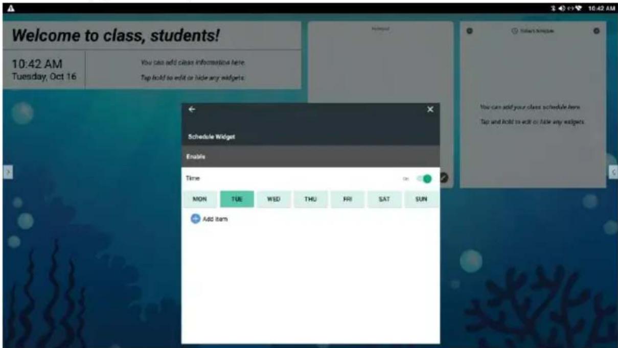 Welcome to class, students! 10:42 AM Tuesday, Oct 16 You can add classes information here. Tap hold to edit or hide any widgets: Schedule Widget Enable Time MON TUE WED THU FRI SAT SUN Add item