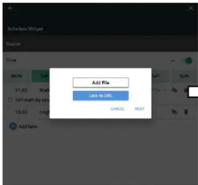 Schedule Widget Enable Time Add File Link to URL CANCEL NEXT MON Tue SAT SUN 11:00 Math SAT math by rac 13:00 Eigh Add Item