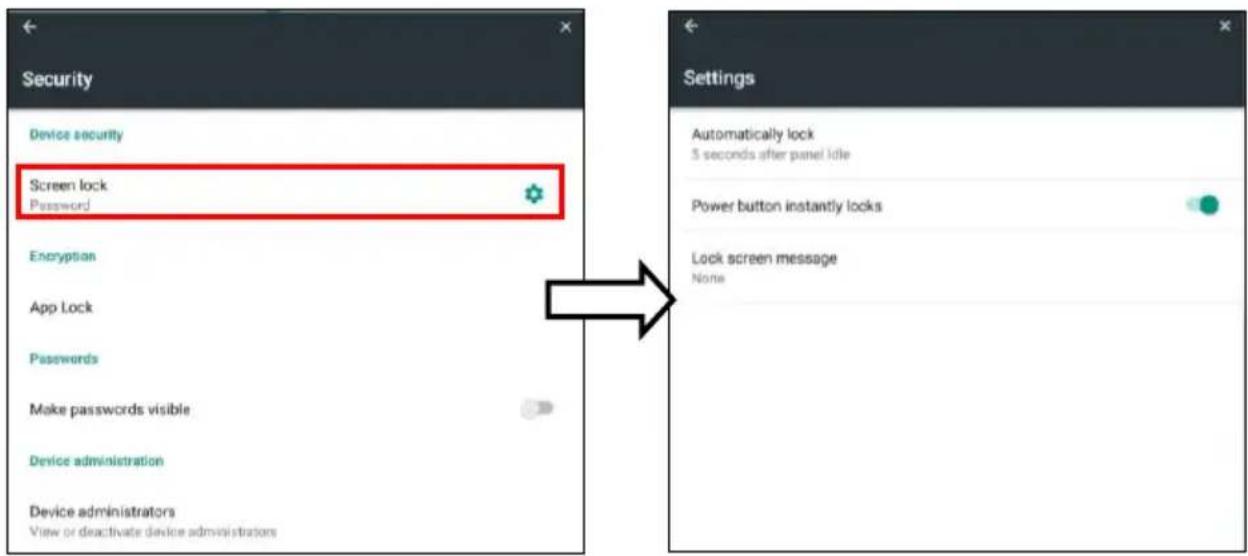 Security Device security Screen lock Password Encryption App Lock Passwords Make passwords visible Device administration Device administrators View or deactivate device administrators Settings Automatically lock 5 seconds after panel idle Power button instantly locks Lock screen message None