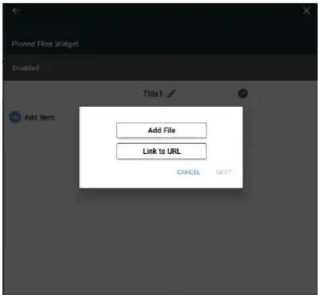 Pinned Files Widget Enabled Title 1 Add Item Add File Link to URL CANCEL NEXT