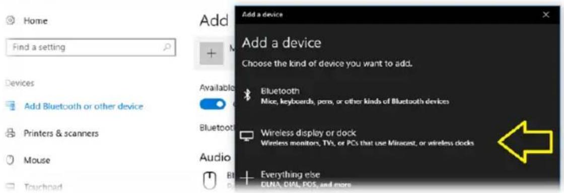 Home Find a setting Add Add a device Choose the kind of device you want to add. Devices Add Bluetooth or other device Printers & scanners Mouse Touchpad Available: Bluetooth Mice, keyboards, pens, or other kinds of Bluetooth devices Bluetooth Wireless display or dock Wireless monitors, TVs, or PCs that use Miracost, or wireless docks Audio Everything else DINA, DIAL, POS, and more