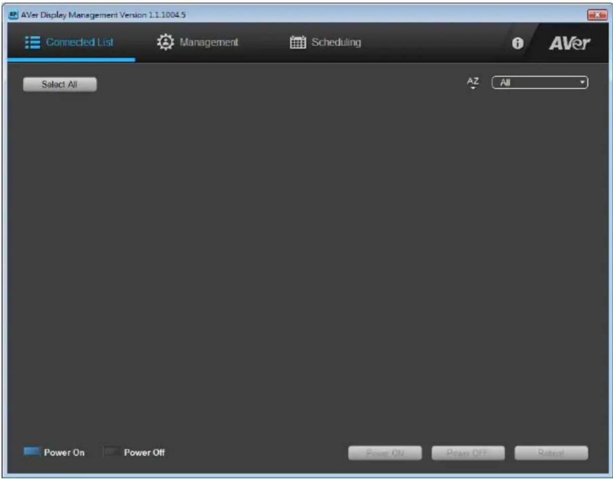 AVer Display Management Version 1.1.1004.5 Connected List Management Scheduling Select All AZ All Power On Power Off Power ON Power OFF Robot
