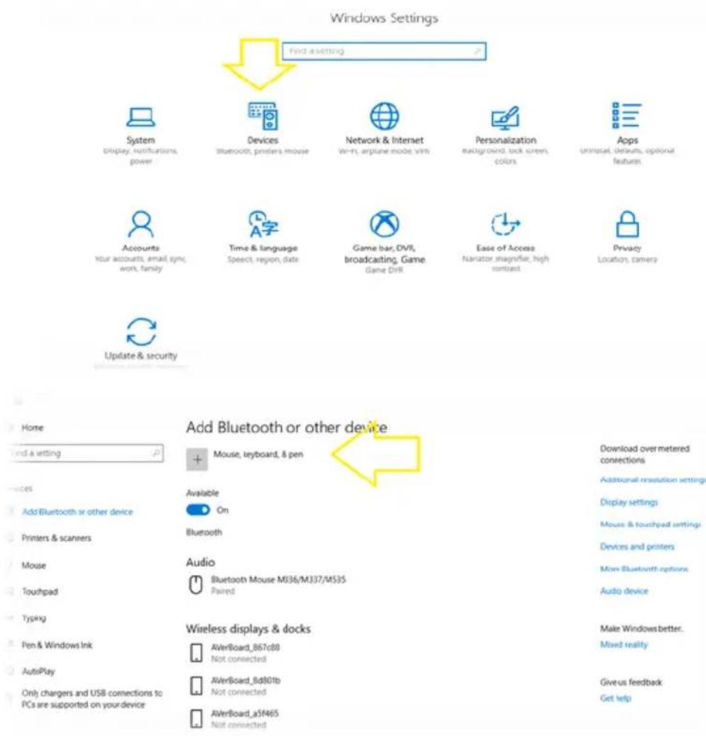 Windows Settings Find setting System Display, notifications, power Devices Bluetooth, printers mouse Network & Internet Win-Fi, airplane mode, WinR Personalization background, lock screen, colors Apps Un installed devices, optional features Accounts Your accounts, email sync, won, family Time & language Speech, region, date Game bar, DVD, broadcasting, Game Game DDR Ease of Access Navigator magnifie, high contrast Privacy Location, camera Update & security Home and a setting Add Bluetooth or other device Mouse, keyboard, & pen Available On Bluetooth Audio Bluetooth Mouse M336/M337/M535 Paired Download over metered connections Additional resolution settings Display settings Mouse & touchpad settings Devices and printers More Bluetooth options. Audio device Add Bluetooth or other device Printers & scanners Mouse Touchpad Typing Pen & Windows Ink AutoPlay Only chargers and USB connections to PCs are supported on your device Wireless displays & docks AverBoard_867c88 Not connected AverBoard_8d001b Not connected AverBoard_8f465 Not connected Make Windows better. Mixed reality Give us feedback Get help