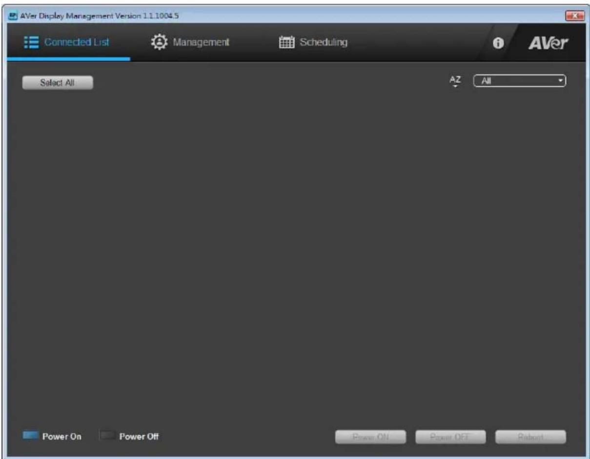 AVer Display Management Version 11.1004.5 Connected List Management Scheduling Select All A2 All Power On Power Off Power ON Power OFF Robot