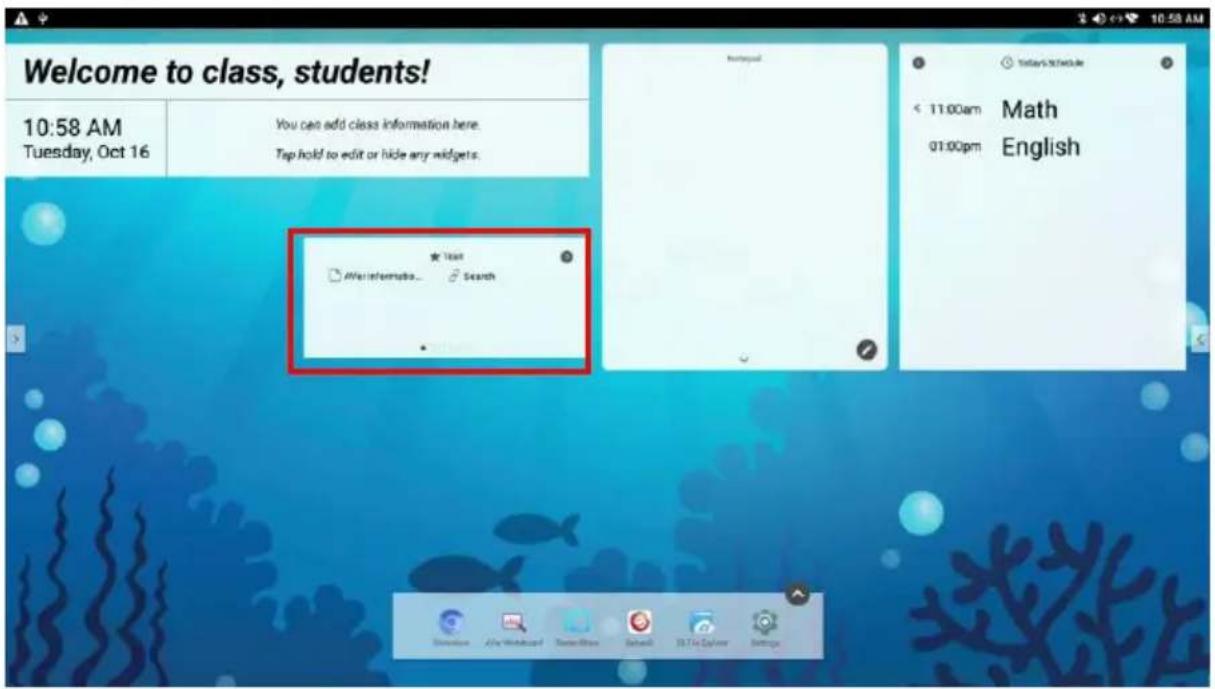 Welcome to class, students! 10:58 AM Tuesday, Oct 16 You can add class information here. Tap hold to edit or hide any widgets. ★ List After information... Search Today's Schedule < 11:00am Math 01:00pm English