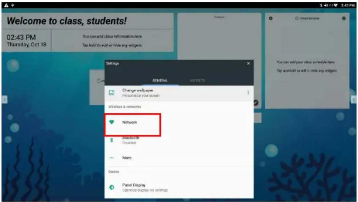 Welcome to class, students! 02:43 PM Thursday, Oct 18 You can add classes information here Tap hold to exit or hide any widgets. Settings GENERAL WINDOWS Change wallpaper Personalize your screen Wireless & networks Network Bluetooth Disabled More Device Panel Display Optimize display via settings
