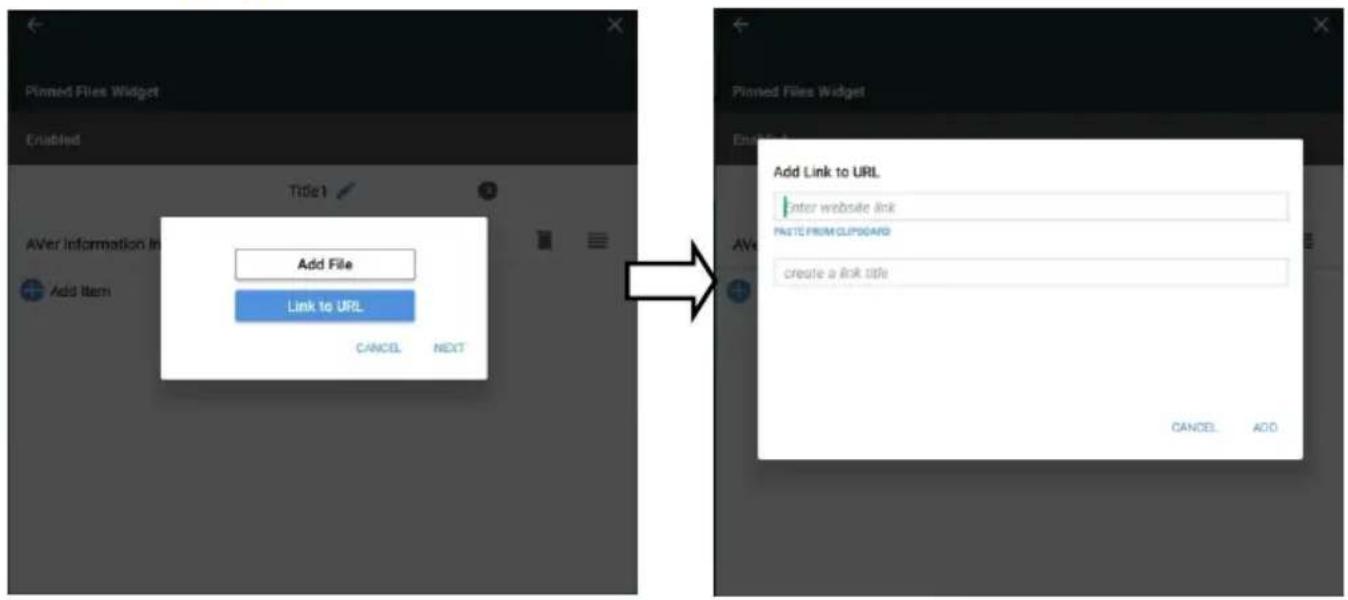 Pinned Files Widget Enabled Title1 Add File Link to URL CANCEL NEXT Added Files Widget Enter website link PASTE FROM CLIPBOARD create a link title Add Link to URL CANCEL ADD