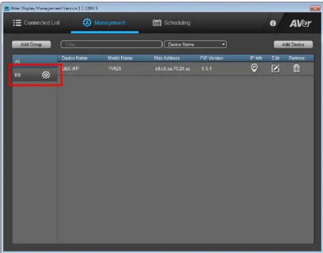 AVer Display Management Version 1.1.1004.5 Connected List Management Scheduling Add Group Filter Device Name Add Device AI Device Name Model Name Mac Address FW Version IP Info Edit Remove UEC-IFP TV828 b0.x5.cs.70.24.sc 5.0.1 R9